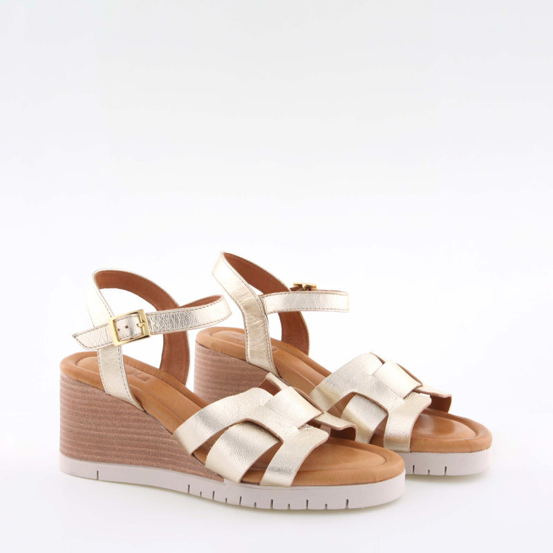 Women's gold leather heel sandal by AQA Shoes.