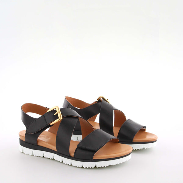 Maud Black Leather Flat Sandals