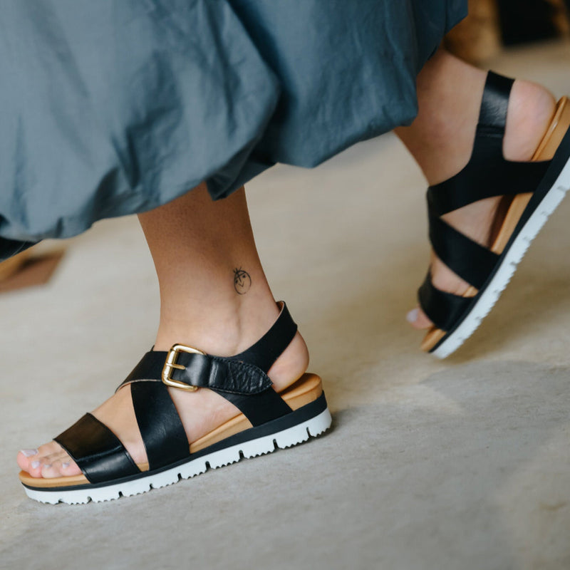 Maud Black Leather Flat Sandals