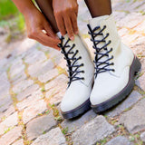 Alanis White Leather Combat Boots