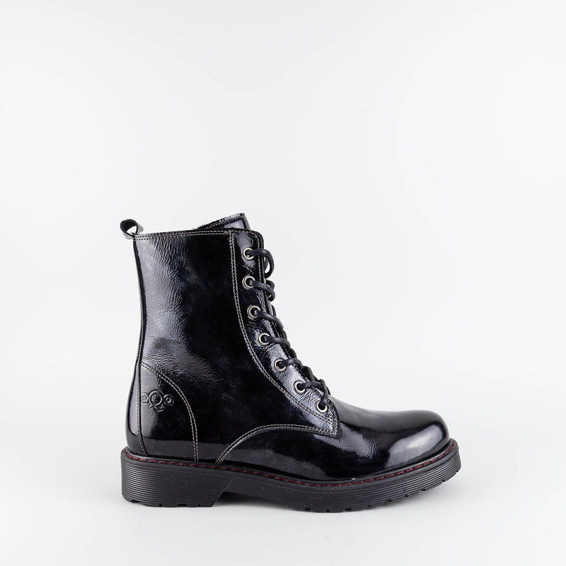 Alanis Black/Silver Patent Leather Combat Boots