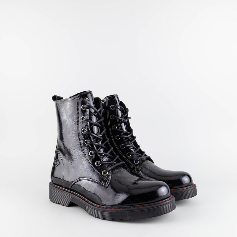 Alanis Black/Silver Patent Leather Combat Boots
