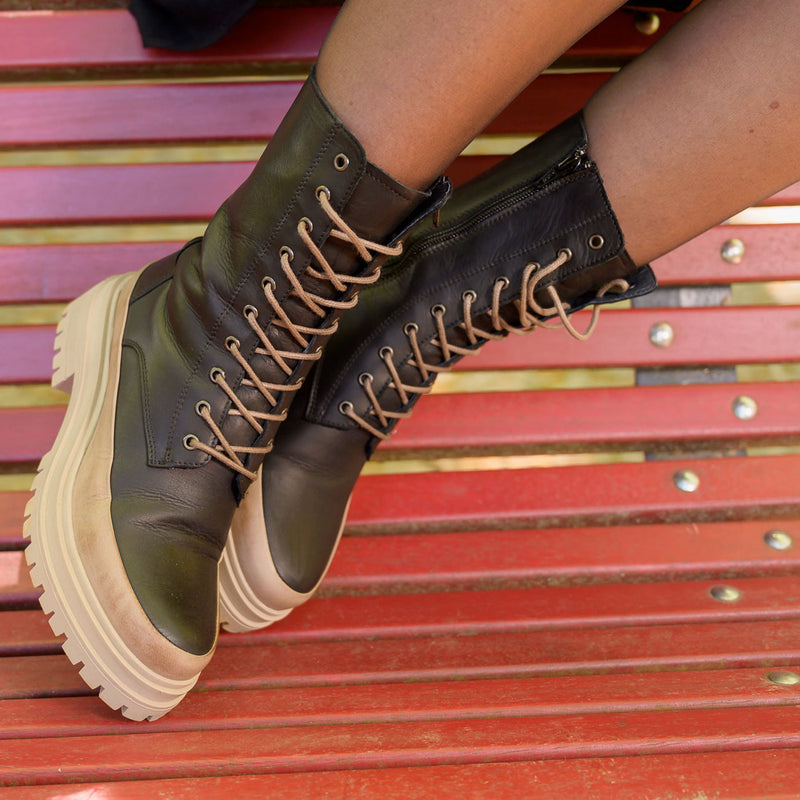 Carly Black /Beige Leather Combat Boots