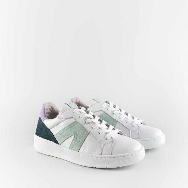 Kimi White and Green Leather Low Sneakers