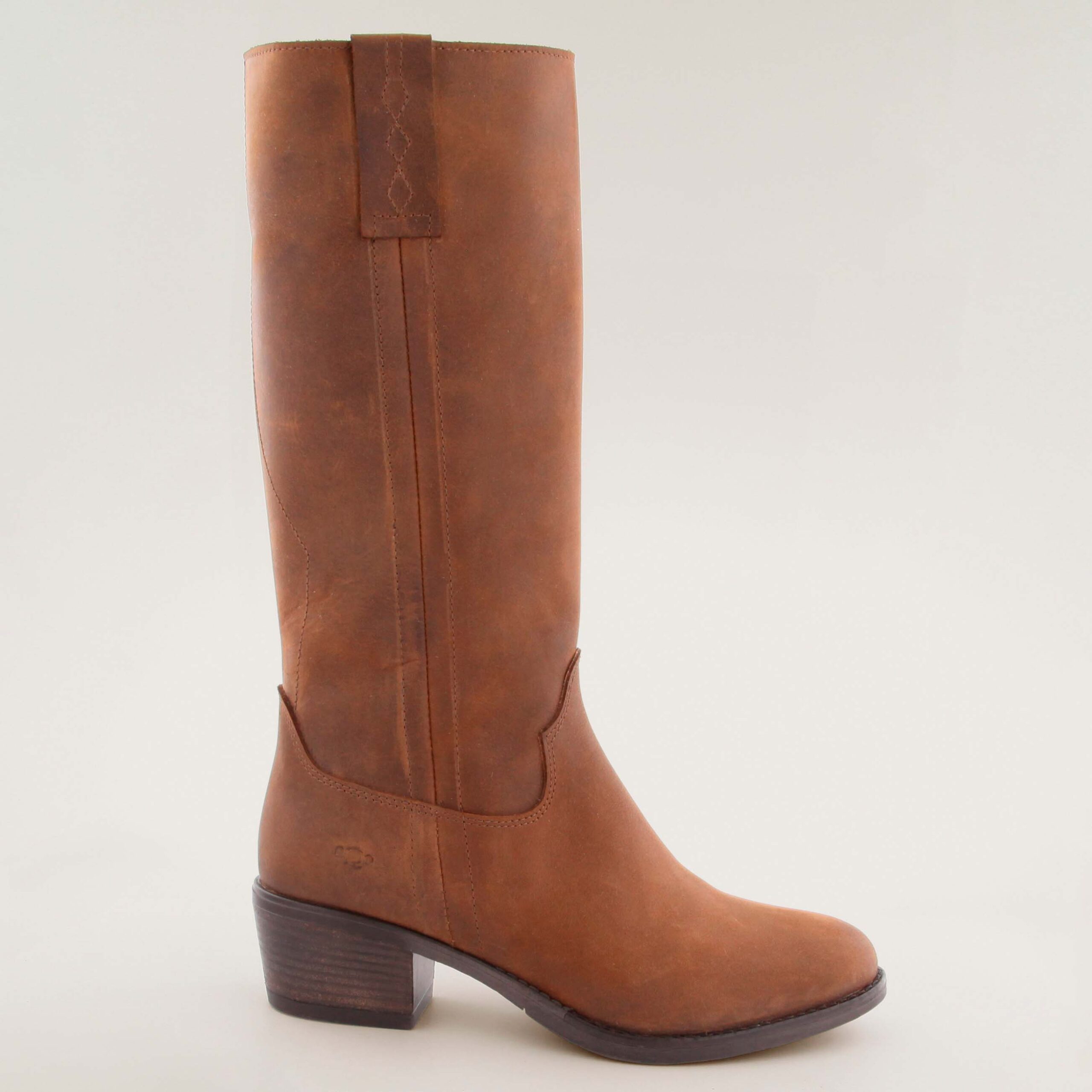 Brown leather knee-high boot, in an equestrian or cowboy style, featuring a stacked block heel.