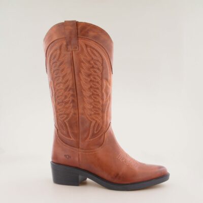 Women's AQA Tess tall shaft cowboy boot in tan brown leather with western embroidery on shaft.