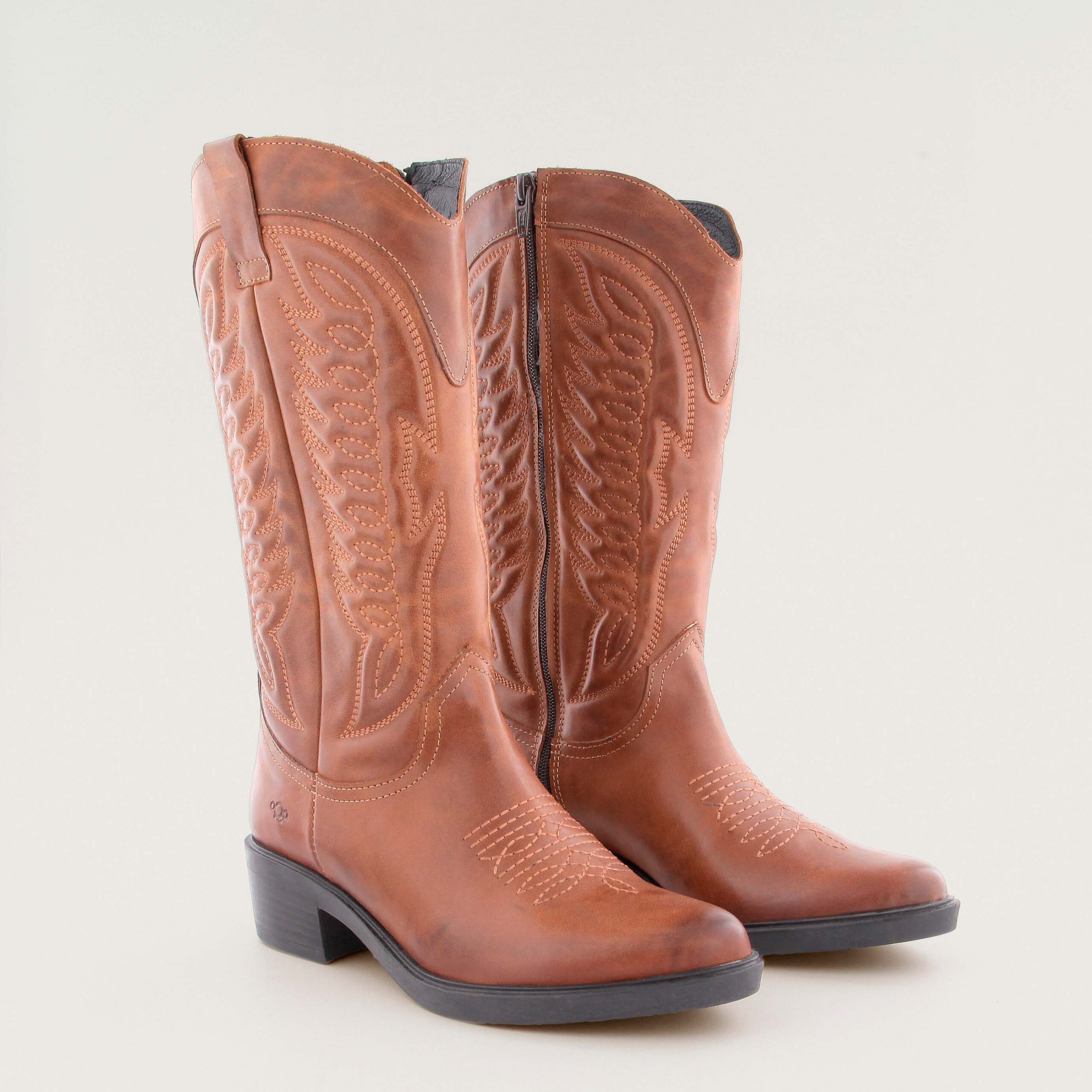 Women's AQA Tess tall shaft cowboy boot in tan brown leather with western embroidery on shaft.