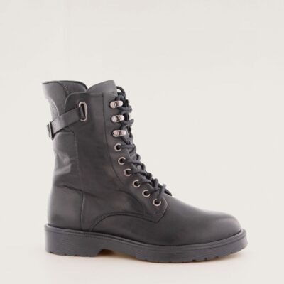 Black genuine leather mid-calf lace-up boot with side buckle detail by AQAShoes, model Dava.