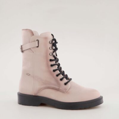 Beige leather Dalva boot by AQA Shoes with black laces, side buckle detail, and rubber sole.