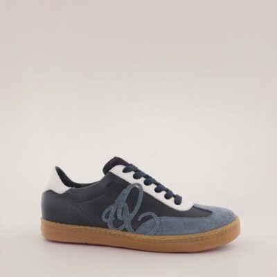 Margie blue and white leather sneakers by AQAShoes with embroidered logo and gum rubber sole.